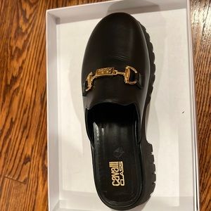 Black leather, Backless Mule, Cavalli size 39 Gold buckle, Brand new